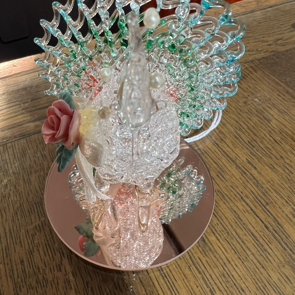 Elegant Glass Peacock Figurine with Floral Accents